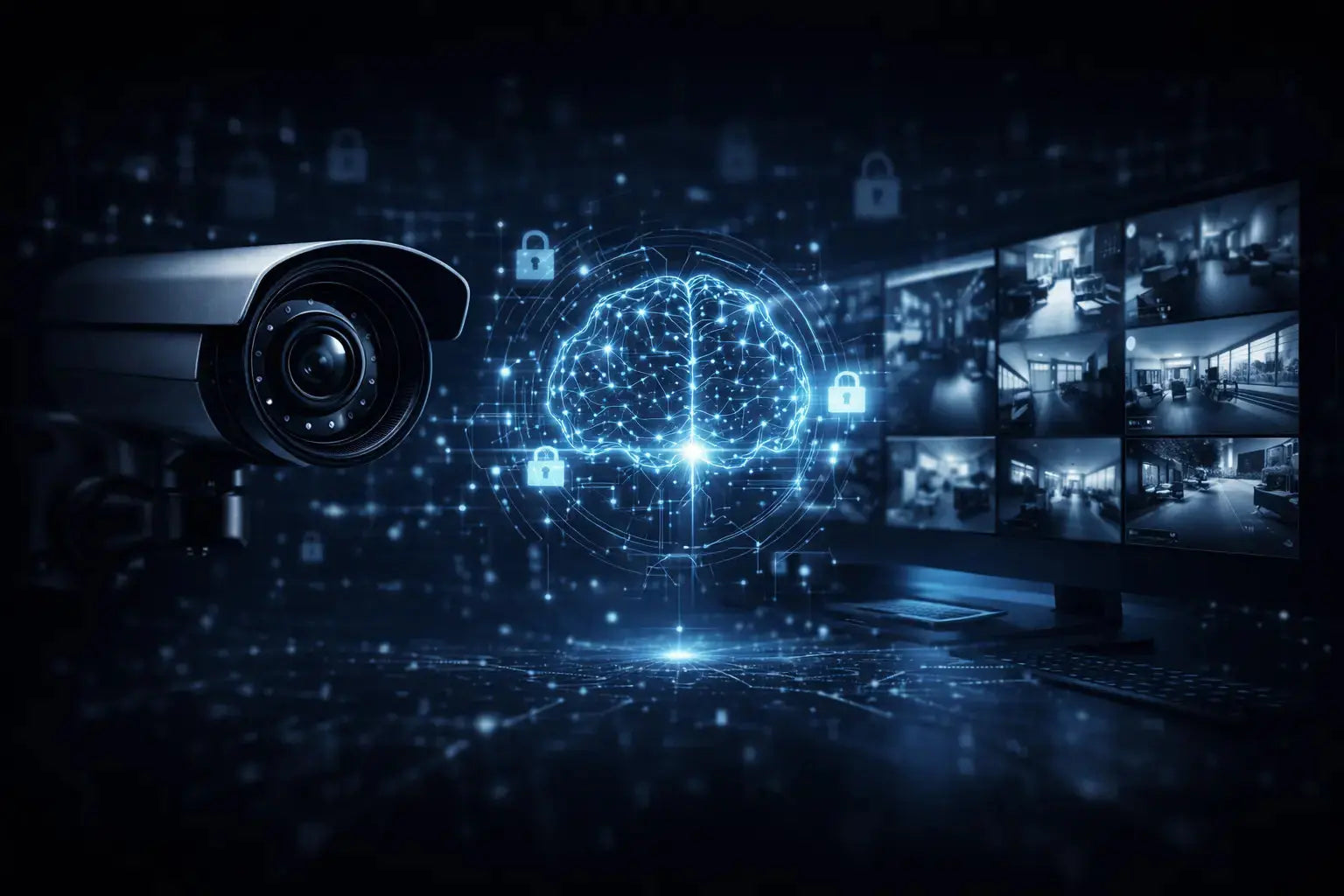 Caméra de vidéosurveillance intelligente, écrans de contrôle et icône cerveau connecté pour sécurité