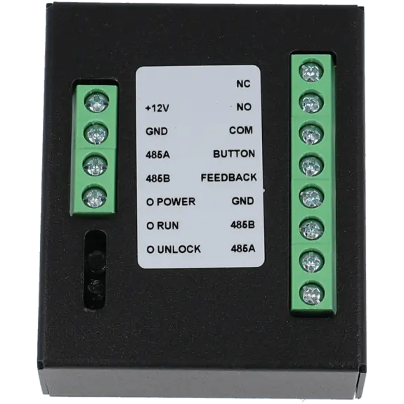Module de contrôle d'accès noir avec borniers verts pour système de sécurité et vidéosurveillance
