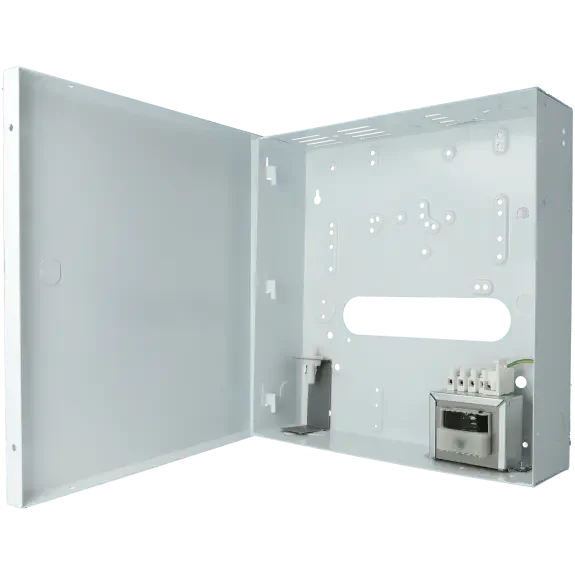 Boîtier d’alarme métallique vide pour centrale de sécurité, ouvert, couleur blanche