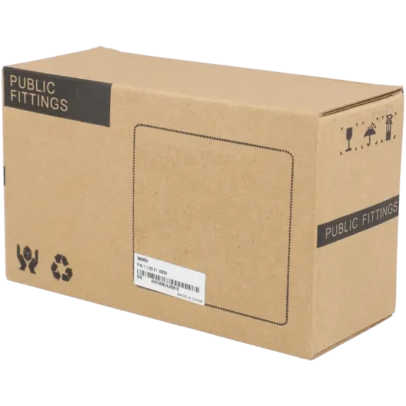 Boîte carton marron, inscription 'Public Fittings', icônes de recyclage et manutention.