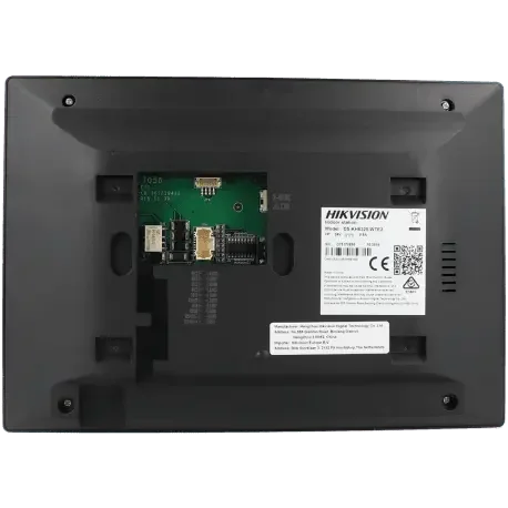 Vue arrière d’un moniteur vidéo Hikvision 2 fils, connectique électronique et étiquette technique visibles.