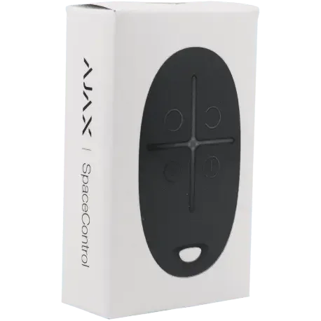 Télécommande noire AJAX à 4 boutons pour alarme sur fond d'emballage blanc.
