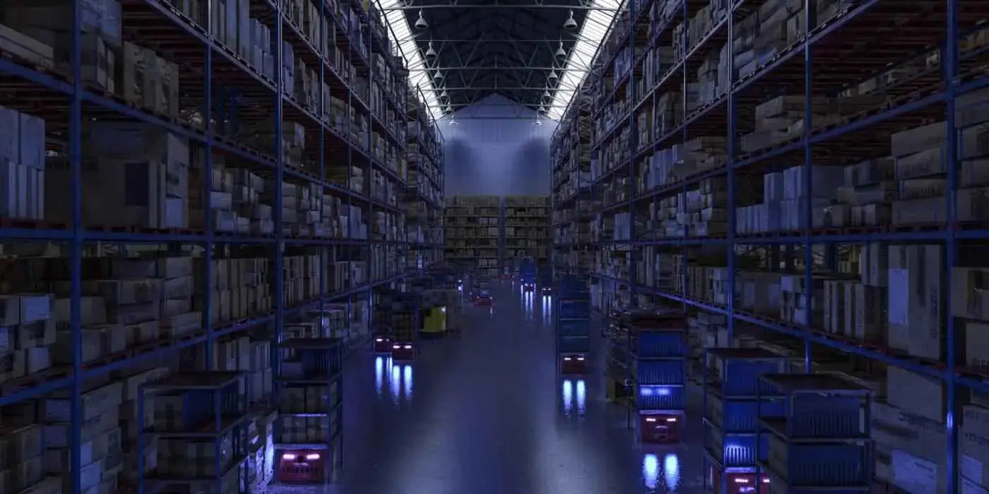 Entrepôt moderne automatisé avec robots, rayonnages remplis de cartons, éclairage industriel