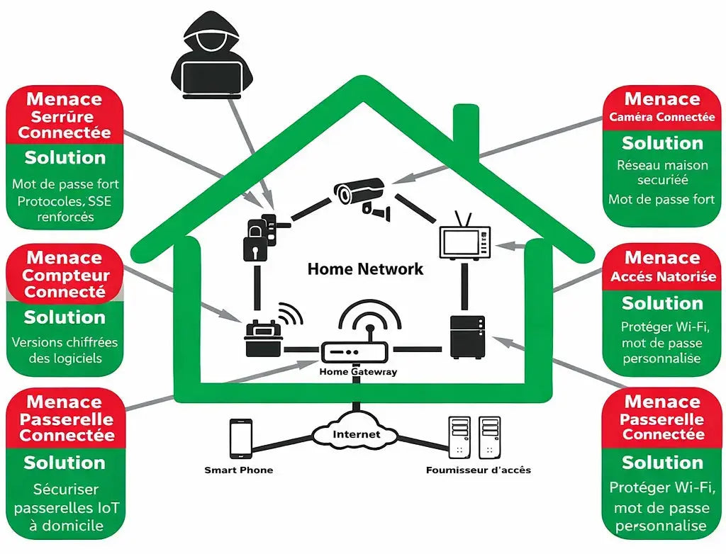 Schéma de cybersécurité maison connectée, menaces et solutions pour caméras IP, serrures intelligentes et réseau Wi-Fi.