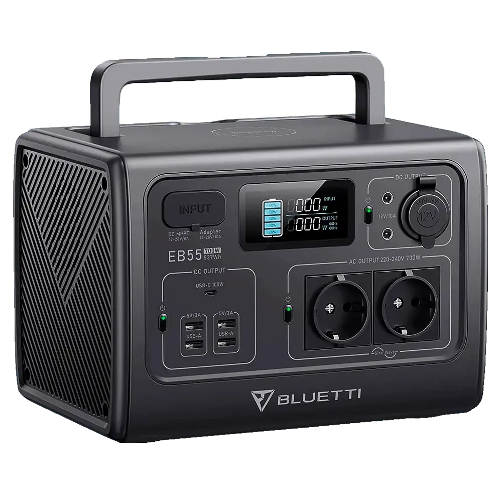 Générateur portable Bluetti EB55, prise électrique, afficheur numérique, ports USB, couleur noire