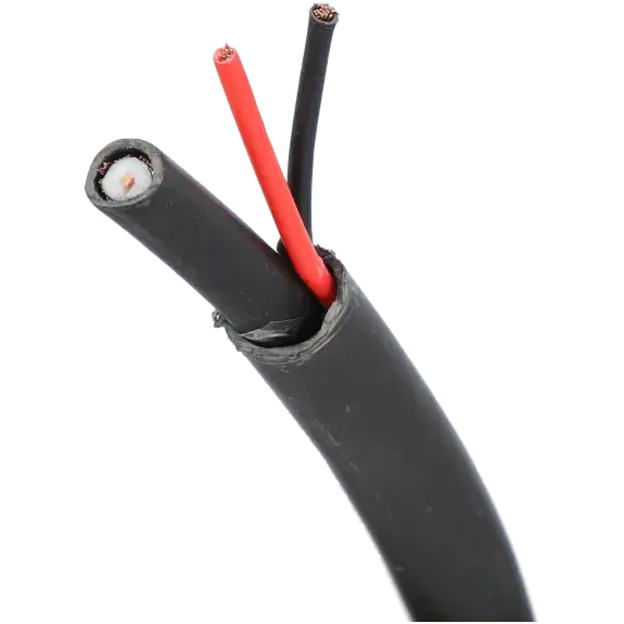 Câble coaxial RG59 avec alimentation, gaine noire, conducteurs rouge et noir visibles