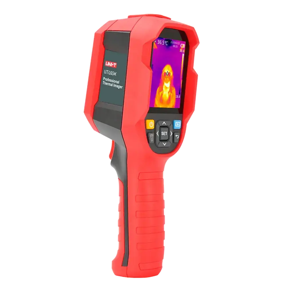 Caméra thermique portable rouge affichant une image infrarouge sur écran couleur