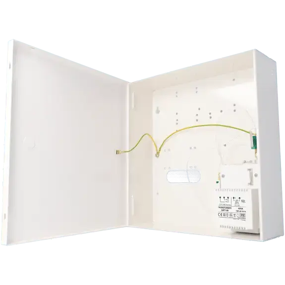 Boîtier métallique blanc ouvert pour alimentation système de vidéosurveillance HD