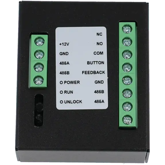 Module de contrôle d'accès noir avec borniers verts pour système de sécurité et vidéosurveillance