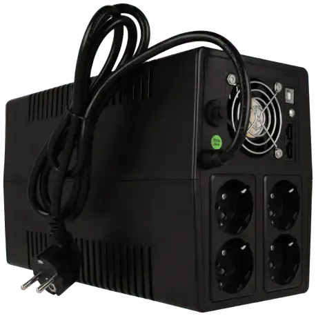 Onduleur noir avec quatre prises, cordon d'alimentation et ventilateur pour vidéosurveillance