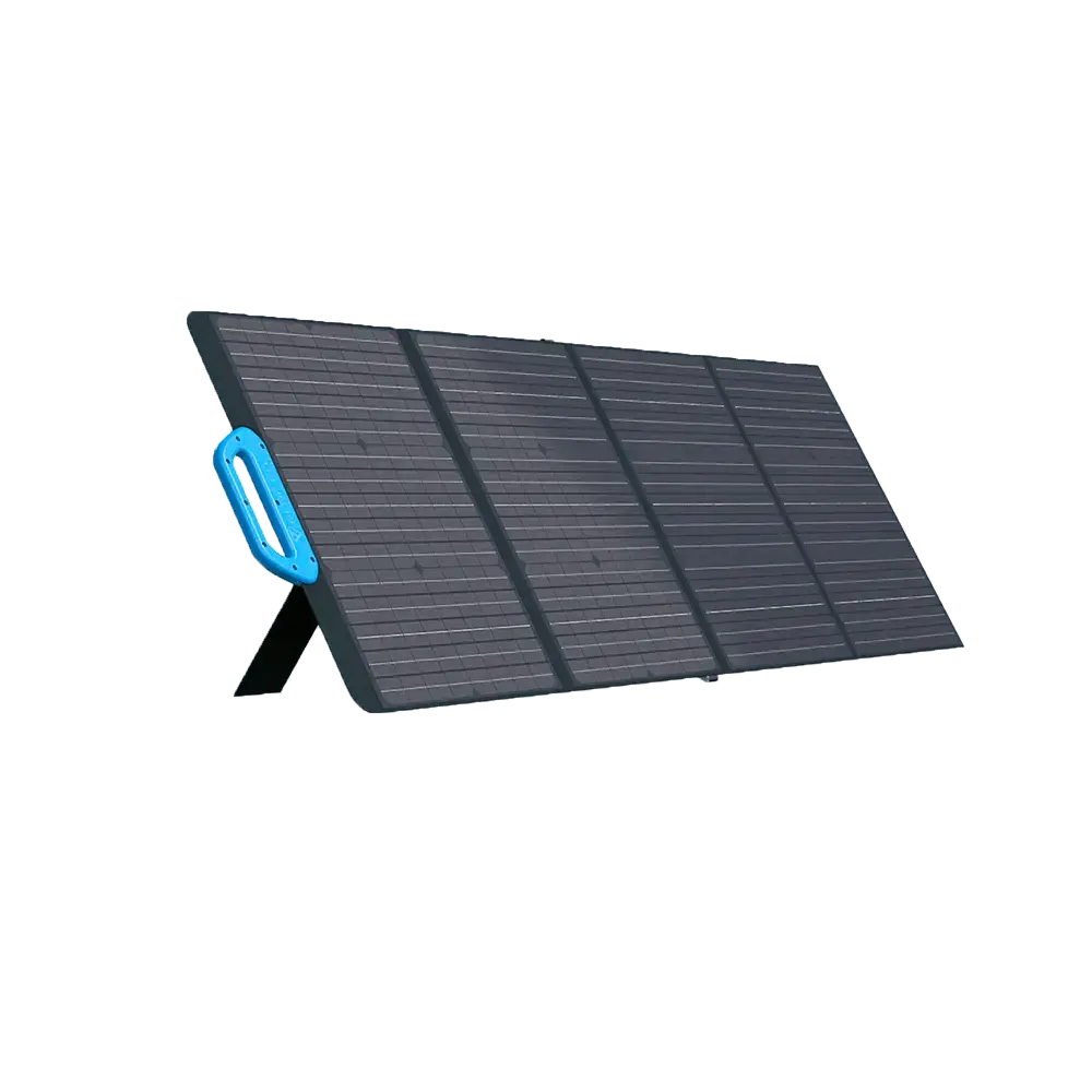 Panneau solaire portable pliable avec poignée bleue, idéal pour vidéosurveillance et sécurité