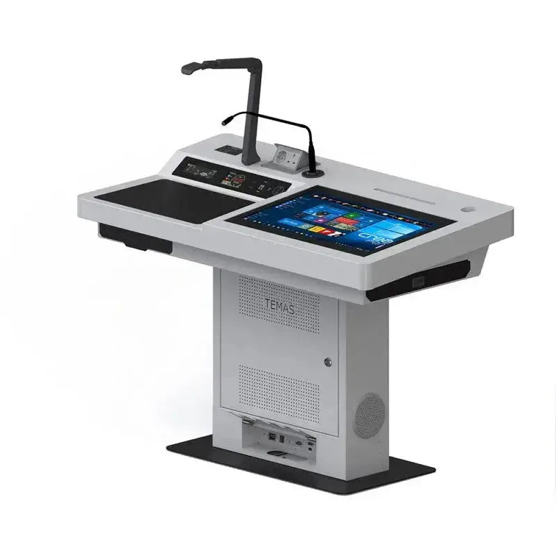 Pupitre multimédia interactif moderne avec écran tactile, ports USB et micro, idéal salle de contrôle
