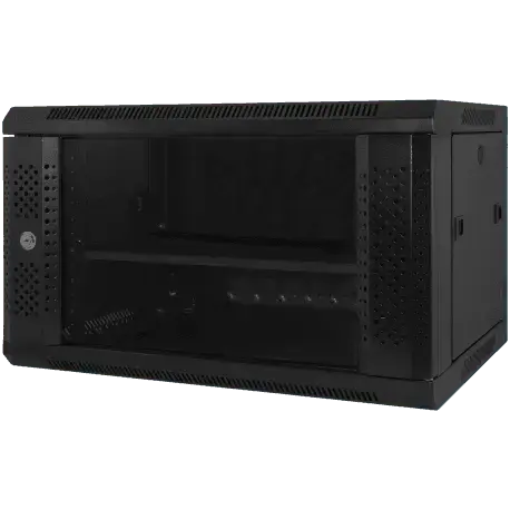 Armoire murale noire pour serveur ou équipements de vidéosurveillance HD, porte vitrée, ventilation latérale.