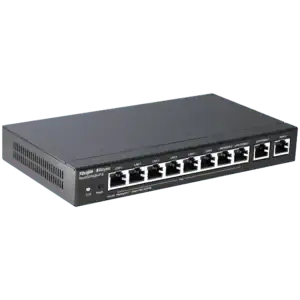 Switch Ethernet réseau 8 ports pour vidéosurveillance et sécurité, boîtier noir, posé sur surface grise