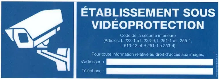 Panneau bleu de vidéosurveillance avec pictogramme caméra et texte d'avertissement sécurité