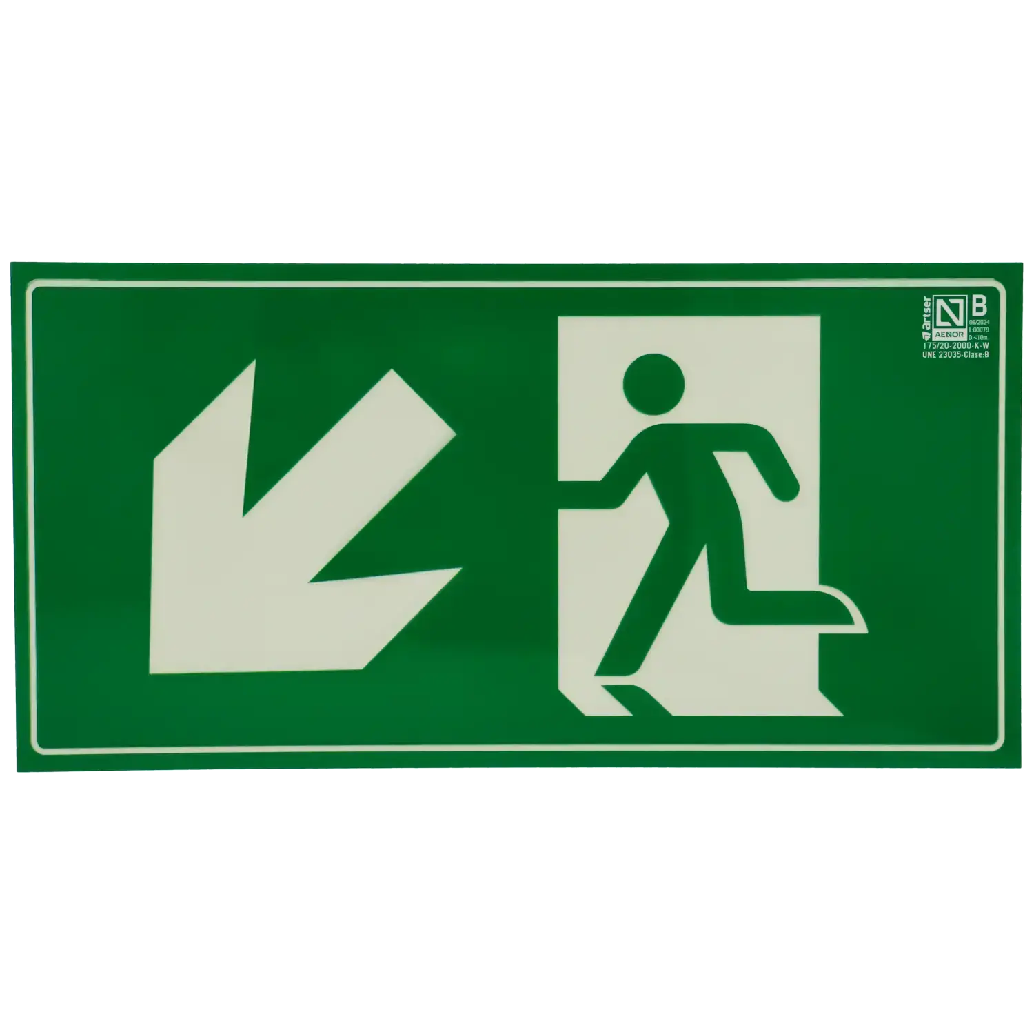 Panneau issue de secours flèche bas gauche, pictogramme évacuation, sécurité bâtiment