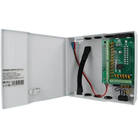 Boîtier d’alimentation caméra de surveillance, ouvert, carte électronique apparente