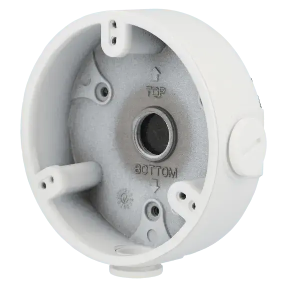 Boîte de dérivation ronde blanche pour caméra de vidéosurveillance, vue avant détaillée