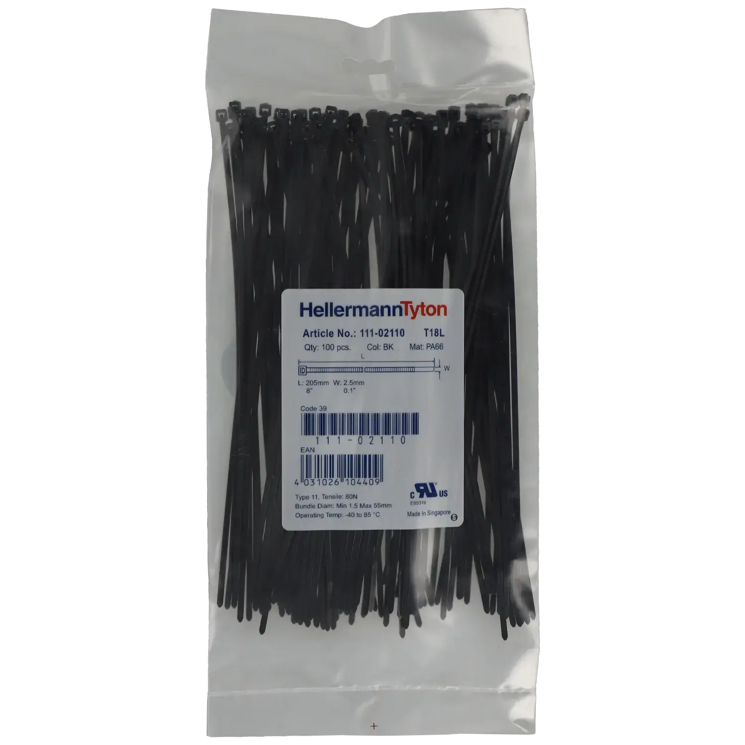 Bride 200 x 2.5 mm 100 pcs / Référence A-CABLE-TIE-200X2.5-B TSA Distribution