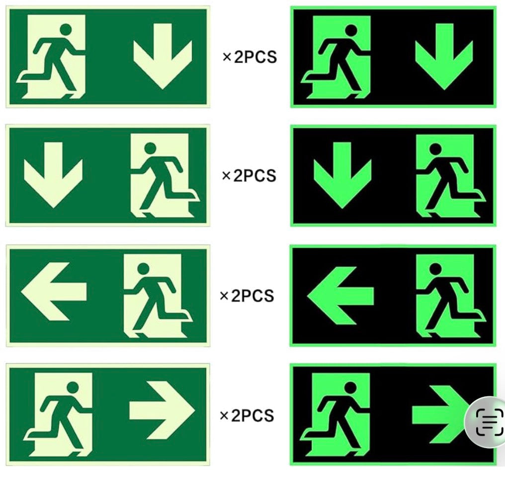Lot de 8 Panneaux de Sortie de Secours Phosphorescents 320x160 mm – PVC Autocollant avec Flèches (Gauche, Droite, Bas) – Signalétique Photoluminescente de Sécurité pour Bureaux, Hôtels et Commerces

