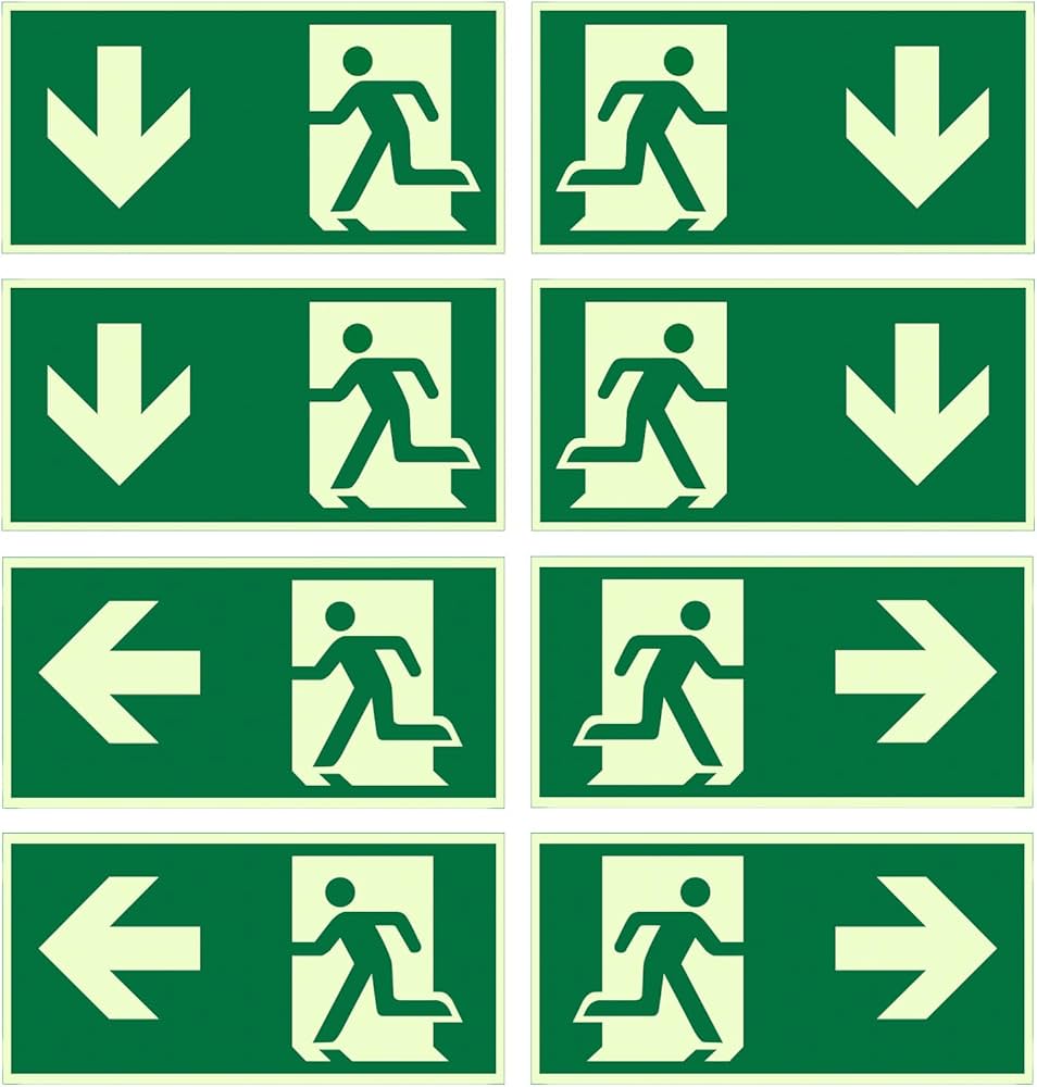 Lot de 8 Panneaux de Sortie de Secours Phosphorescents 320x160 mm – PVC Autocollant avec Flèches (Gauche, Droite, Bas) – Signalétique Photoluminescente de Sécurité pour Bureaux, Hôtels et Commerces
