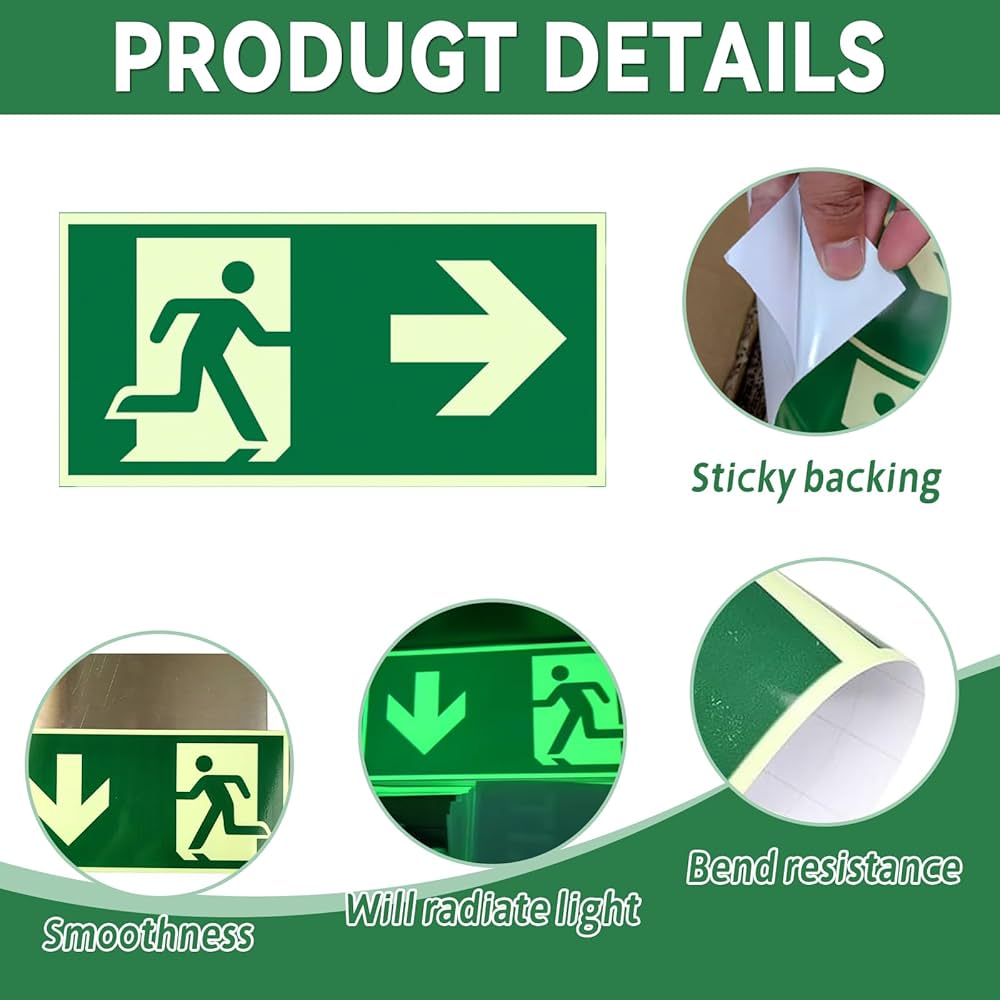 Lot de 8 Panneaux de Sortie de Secours Phosphorescents 320x160 mm – PVC Autocollant avec Flèches (Gauche, Droite, Bas) – Signalétique Photoluminescente de Sécurité pour Bureaux, Hôtels et Commerces