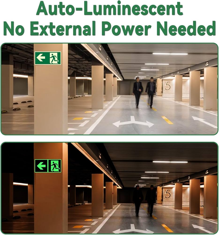 Lot de 8 Panneaux de Sortie de Secours Phosphorescents 320x160 mm – PVC Autocollant avec Flèches (Gauche, Droite, Bas) – Signalétique Photoluminescente de Sécurité pour Bureaux, Hôtels et Commerces
