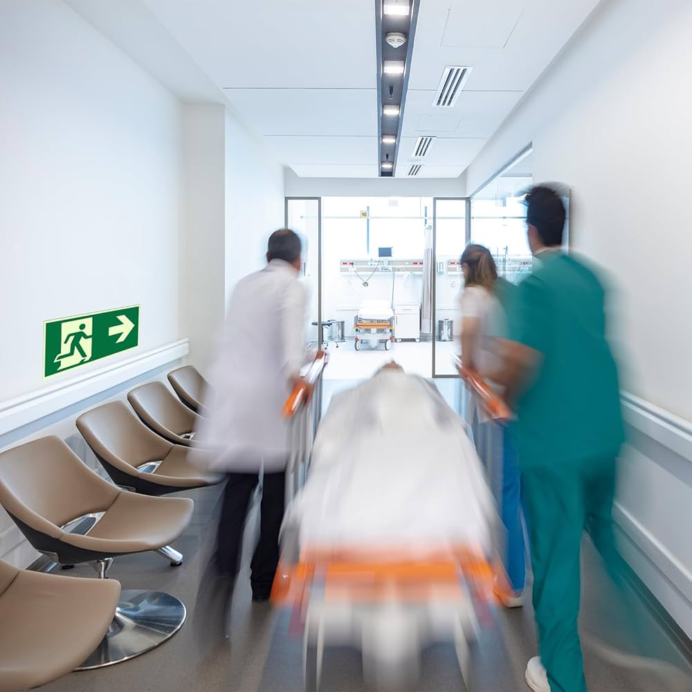 Lot de 8 Panneaux de Sortie de Secours Phosphorescents 320x160 mm – PVC Autocollant avec Flèches (Gauche, Droite, Bas) – Signalétique Photoluminescente de Sécurité pour Bureaux, Hôtels et Commerces
