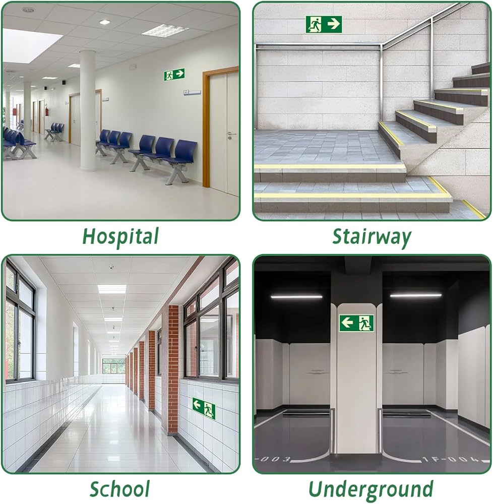 Lot de 8 Panneaux de Sortie de Secours Phosphorescents 320x160 mm – PVC Autocollant avec Flèches (Gauche, Droite, Bas) – Signalétique Photoluminescente de Sécurité pour Bureaux, Hôtels et Commerces
